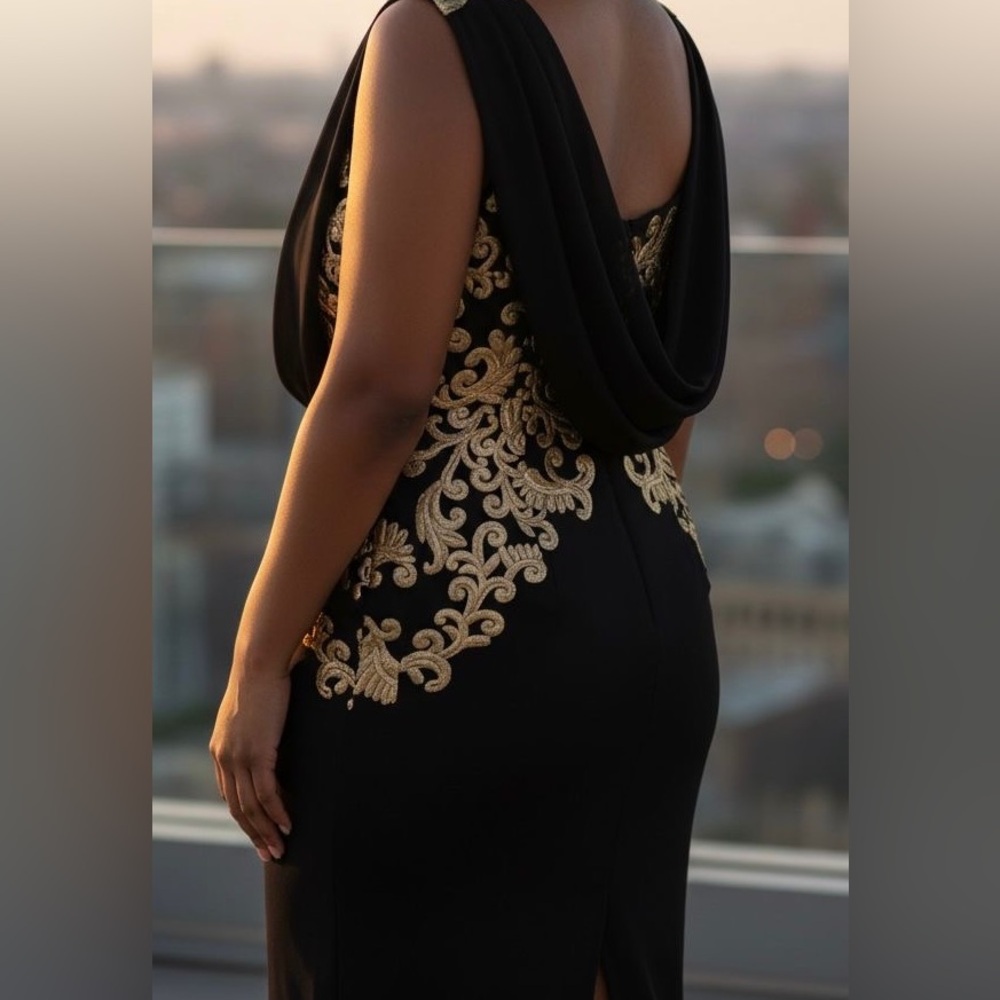 Tadashi Shoji Black Dress with Gold Embroidery - Picture 4 of 7